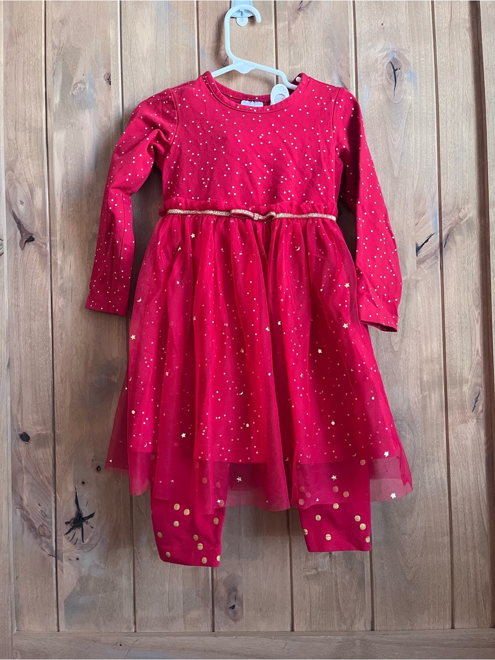 Hanna Andersson Red Dress with Gold stars and dots with Matching Leggings - 3T
